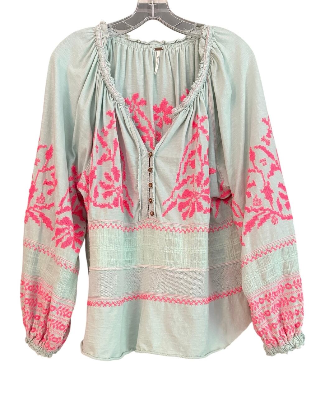 Free People Persuasion Embroidered Tunic Top Mint Neon Pink Balloon Sleeve S